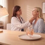 Médica avaliando tireoide de paciente