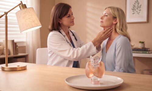 Médica avaliando tireoide de paciente